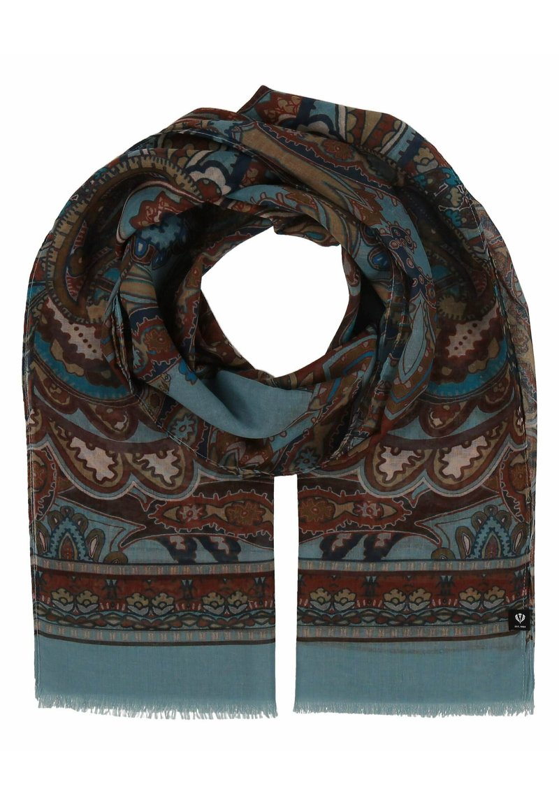 Sciarpa rettangolare con intricati motivi paisley in tonalità terrene, con accenti blu e bordi frangiati, realizzata in tessuto leggero.
