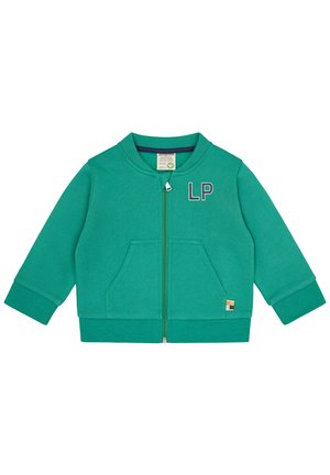 Green zip-up sweatshirt with a round neck, two front pockets, ribbed cuffs, and a small logo "LP" on the left chest. Soft fabric texture.