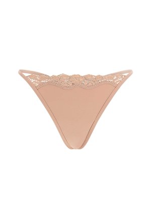 Nahkhiirtega pitsist string, mille ülaservas on lillemuster, õhukeste sangadega ja sujuv, ühtlane tagumine osa, et saavutada minimalistlik disain.