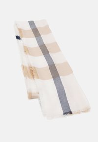 Écharpe tissée avec un motif à carreaux en beige, blanc et gris, bordée de franges et une bande marine verticale.