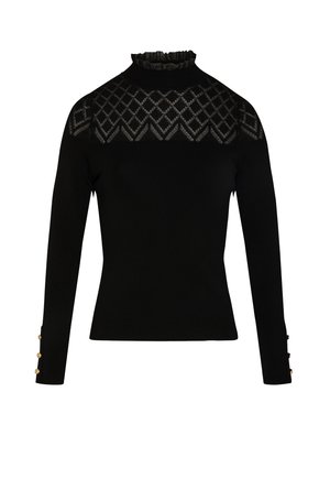 Maglione nero con un colletto arricciato alto, motivo geometrico sul petto e maniche lunghe con bottoni decorativi dorati sui polsini.