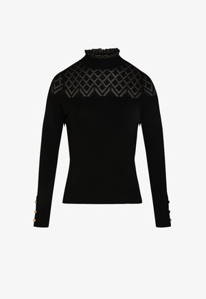 Black sweater with a high ruffled neck, geometric pattern at the chest, and long sleeves featuring decorative gold buttons at the cuffs.