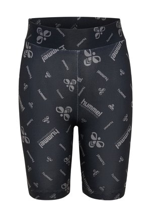 Schwarze Sportshorts mit einem figurbetonten Design, das ein sich wiederholendes graues Logomuster aufweist. Hergestellt aus dehnbarem, feuchtigkeitsableitendem Material.