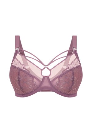 Spitzen-BH in gedämpftem Lila mit durchsichtigen Einsätzen, ausgestattet mit einem zentralen Schlüsselloch-Akzent und Riemendetails über den Cups und Schultern.