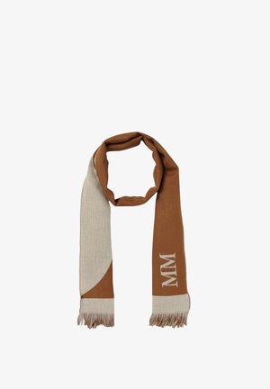 Sciarpa marrone e crema con design geometrico, bordi frangiati e monogramma "MM" bianco su un'estremità. Realizzata in materiale morbido e testurizzato.