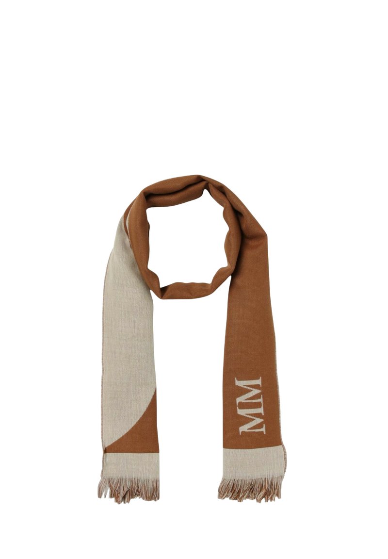 Sciarpa marrone e crema con design geometrico, bordi frangiati e monogramma "MM" bianco su un'estremità. Realizzata in materiale morbido e testurizzato.