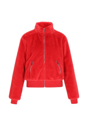 Giacca zip-up rossa in pelliccia sintetica con collo alto, due tasche frontali con zip, polsini e orlo a costine.