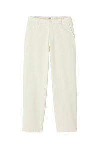 Pantalons beige clair en tissu mélangé coton, avec une coupe droite, deux poches latérales et une fermeture à bouton à la taille.