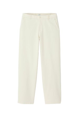 Pantalons beige clair en tissu mélangé coton, avec une coupe droite, deux poches latérales et une fermeture à bouton à la taille.
