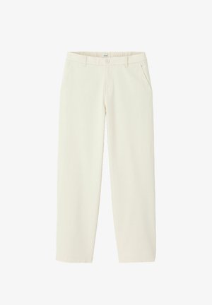 Pantalons beige clair en tissu mélangé coton, avec une coupe droite, deux poches latérales et une fermeture à bouton à la taille.