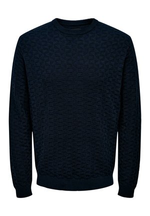 Navy blue sweater with a textured geometric pattern, round neck, and ribbed cuffs and hem. Made from knitted fabric.