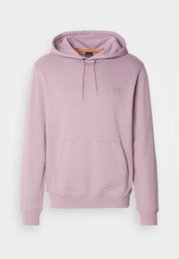 Sweat à capuche violet clair avec poche avant, cordons, poignets côtelés et petit logo brodé sur la poitrine gauche.