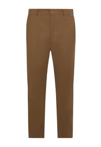 Brune slimfit herrebukser med bæltestropper, knaplukning og minimal synlig syning, vist på hvid baggrund.