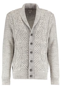 Cardigan grigio lavorato a maglia con collo a scialle, caratterizzato da motivi a treccia, cinque bottoni scuri e polsini e orlo a costine.