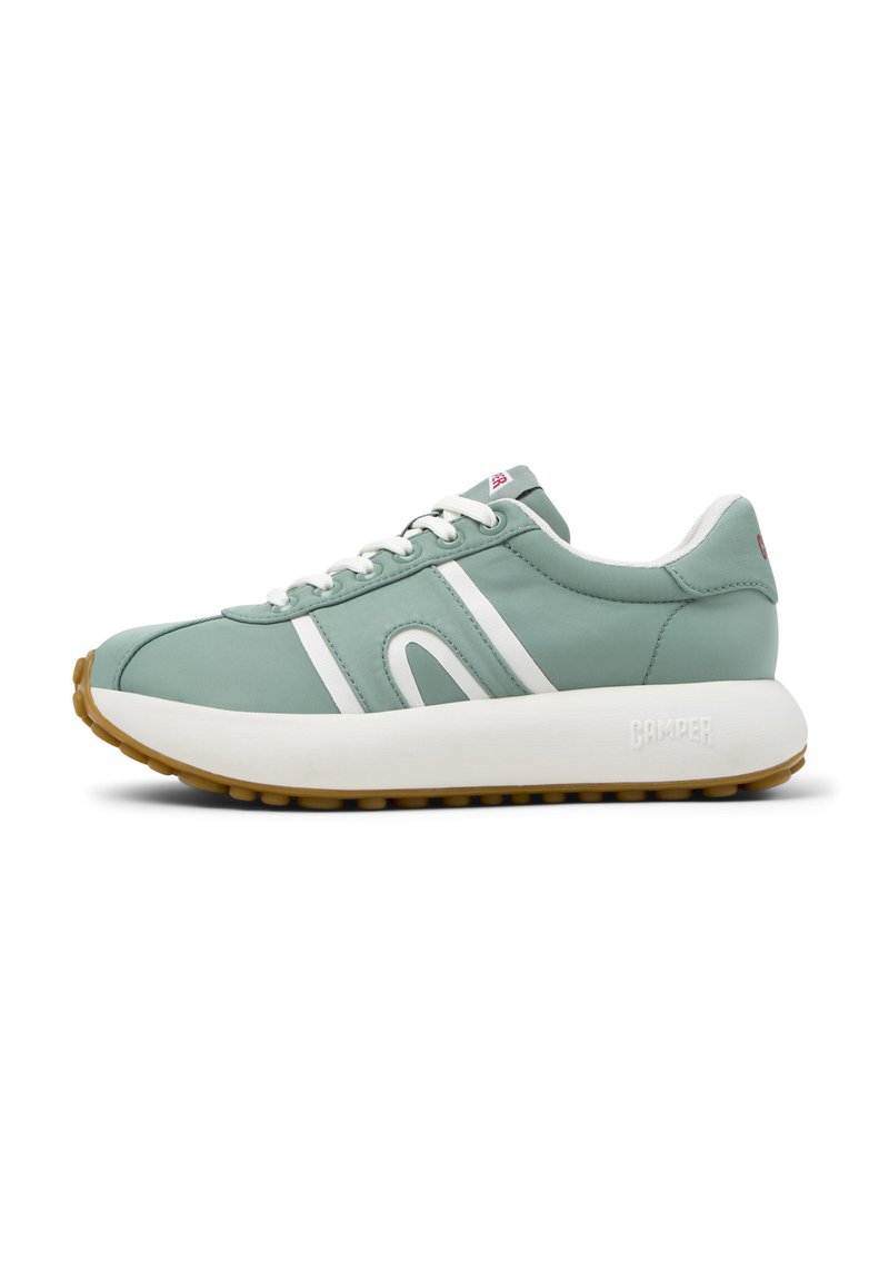 Light green sneaker with white accents, featuring a smooth synthetic upper, contrasting rubber sole, and round laces. Notable brand logo on heel.