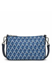 Sac bandoulière géométrique bleu, présentant un design triangulaire, fermeture éclair et bandoulière détachable. Tissu texturé avec des accents lisses.