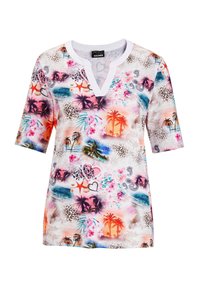 Korte mouw T-shirt met een V-hals, voorzien van een levendige print van bloemen, palmbomen en abstracte patronen in roze, oranje en blauwe tinten.