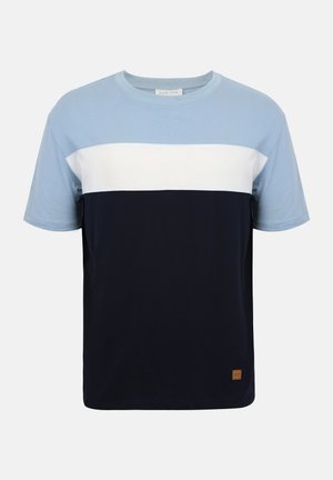 Κοντομάνικη μπλούζα με στρογγυλή λαιμόκοψη, ανοιχτό μπλε πάνω μέρος, λευκή οριζόντια ρίγα και σκούρο μπλε κάτω μέρος.