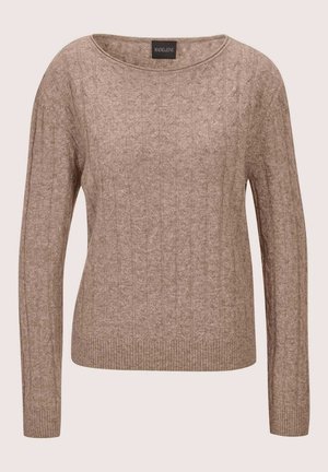 Beige knitted long-sleeve sweater with a crew neckline and subtle cable knit pattern.