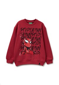 Sudadera roja de mezcla de algodón, presenta un gráfico de Spider-Man con letras negras, cuello redondo y puños acanalados.