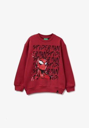 Czerwona bluza z bawełny z dodatkiem włókien syntetycznych, z grafiką Spider-Mana i czarnym napisem, okrągły dekolt oraz ribbowe mankiety.