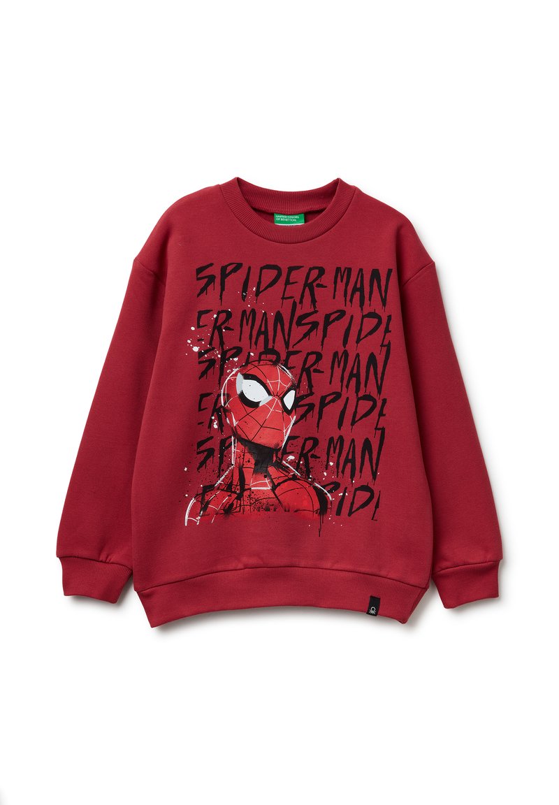 Sudadera roja de mezcla de algodón, presenta un gráfico de Spider-Man con letras negras, cuello redondo y puños acanalados.