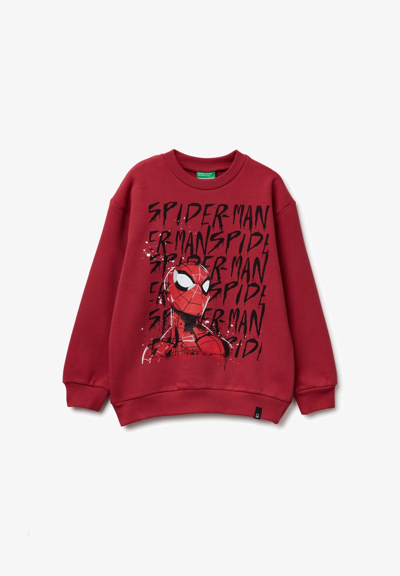 Red sweatshirt made of cotton blend, features a Spider-Man graphic with black lettering, crew neck, and ribbed cuffs.