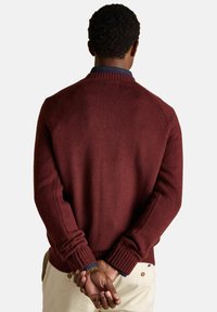 Muž stojaci chrbtom k fotoaparátu, oblečený v vínovom svetri, košeli s modrým golierom a béžových nohaviciach, s rukami zloženými za chrbtom.