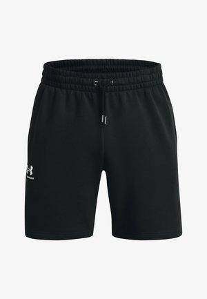 Czarne spodenki sportowe z elastycznym paskiem, sznurkiem, kieszeniami bocznymi i logo w białym kolorze na lewej nogawce. Miękka tekstura materiału.