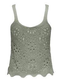 Stickad linne i olivgrön, med en vågig nederkant och ett öppet mönster med olika hålformer. Justerbara axelremmar.