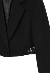 Blazer cropped nero con una texture liscia, rever affilati, chiusura con bottone tondo e dettaglio con fibbia laterale. Interno foderato in satin.