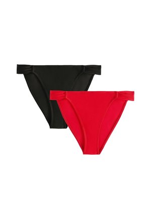 Čierne a červené bikiny s jemnou tkaninou, stredným pásom a dekoratívnymi bočnými viazaniami. Hladká textúra, klasický strih a žiarivé farby.
