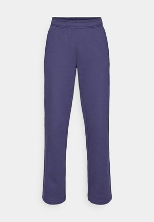 Pantalones de chándal morados con una cinturilla elástica, piernas rectas y un tejido suave de mezcla de algodón. Sin patrones visibles ni detalles de hardware.