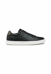 Schwarze Ledersneaker mit strukturiertem Finish, ausgestattet mit einer weißen Gummisohle, sechs Ösen und einem kontrastierenden grauen Fersenakzent.