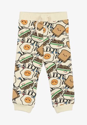 Cremefarvede sweatpants med et legende madtema-print af karakterer, der inkluderer æg, burgere og skåle. Med ribbede manchetter og justerbar talje.