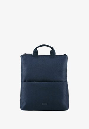 Navyblaue Laptoptasche aus Stoff mit oberen Tragegriffen, Reißverschluss und einer Vorderseite mit Tasche; einfaches Design mit strukturierter Oberfläche und Logo-Detail.