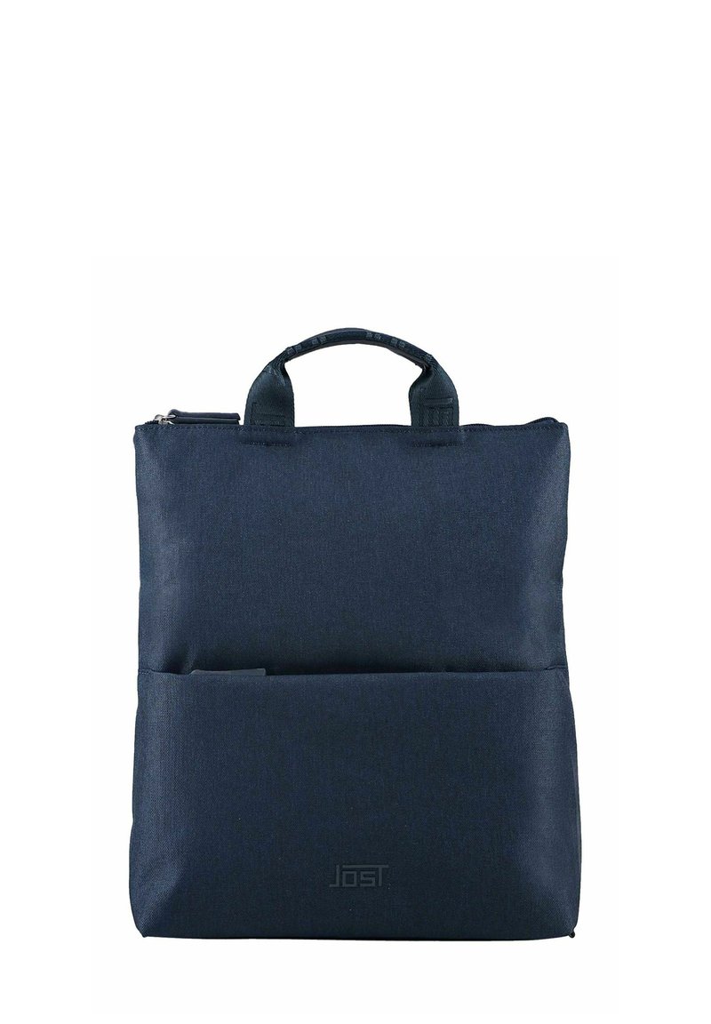 Borsa per laptop in tessuto blu navy con manici superiori, chiusura a zip e tasca frontale; design semplice con superficie testurizzata e dettaglio del logo.