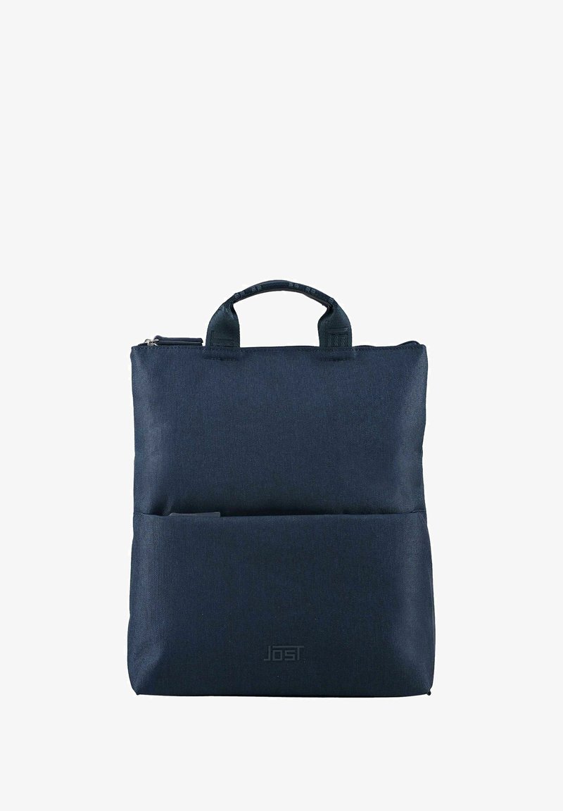 Borsa per laptop in tessuto blu navy con manici superiori, chiusura a zip e tasca frontale; design semplice con superficie testurizzata e dettaglio del logo.