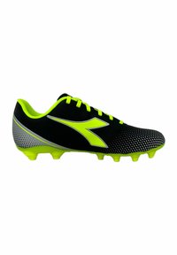 Scarpa da calcio nera e gialla fluo con tomaia testurizzata, motivo puntinato sulla suola e un accento riflettente argento. Sei tacchetti per la trazione.