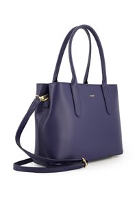 Lila vegane Lederhandtasche mit doppelten oberen Griffen und einem abnehmbaren Schulterriemen. Besitzt ein elegantes Design und goldene Hardware-Akzente.