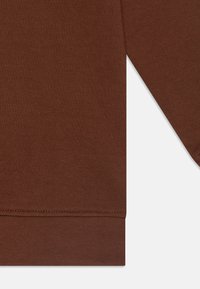 Tessuto di felpa marrone con una consistenza morbida; presenta polsini e orlo a costine. Design semplice senza motivi o dettagli hardware.