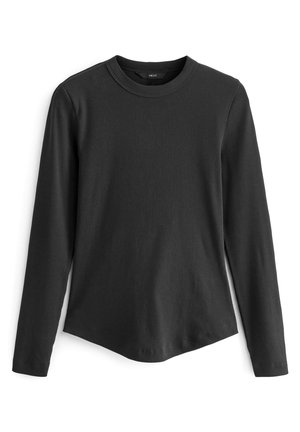 Schwarz langärmliges T-Shirt aus geripptem Fabric. Hat einen Rundhalsausschnitt und einen leicht abgerundeten Saum am unteren Ende.