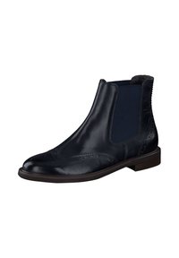 Bottine en cuir noir avec panneaux latéraux élastiqués, détails brogues sur le bout, et un petit talon empilé marron. Texture lisse avec une finition brillante.