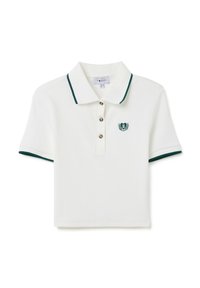 Polo bianco con colletto e polsini verdi. Presenta tre bottoni e un logo ricamato sul petto. Tessuto testurizzato.