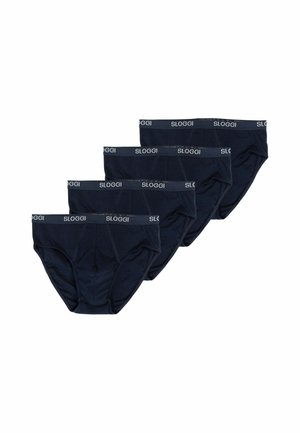 Quattro slip neri da uomo con fascia elastica in vita marchiati "Sloggi", disposti in fila sfalsata e sovrapposta su sfondo bianco.