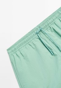 Pantaloni corti di un verde teal chiaro con una cintura elastica, cordoncino regolabile e tessuto morbido e testurizzato. Presenta tasche laterali e una vestibilità comoda.