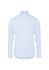 Camicia a maniche lunghe con bottoni di colore azzurro chiaro, decorata con strisce verticali bianche. Presenta un colletto classico e maniche con polsini arricchiti da dettagli a righe.