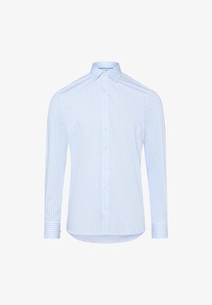 Camicia a maniche lunghe con bottoni di colore azzurro chiaro, decorata con strisce verticali bianche. Presenta un colletto classico e maniche con polsini arricchiti da dettagli a righe.