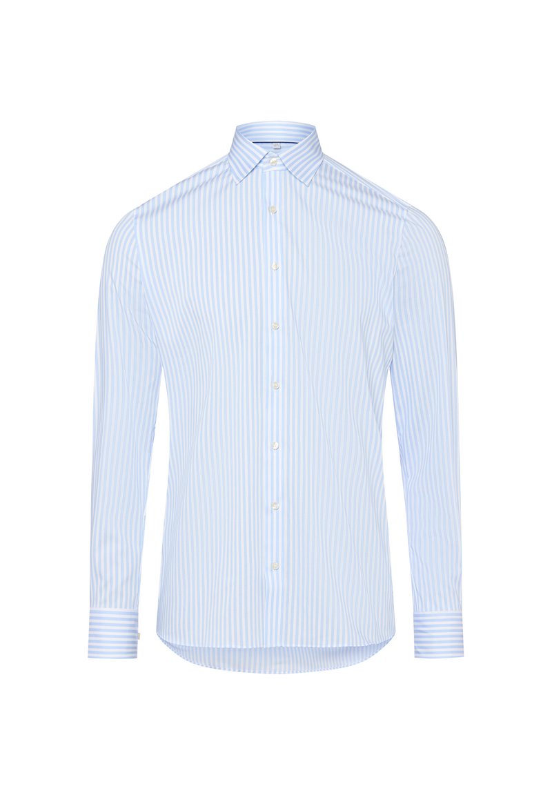 Camicia a maniche lunghe con bottoni di colore azzurro chiaro, decorata con strisce verticali bianche. Presenta un colletto classico e maniche con polsini arricchiti da dettagli a righe.