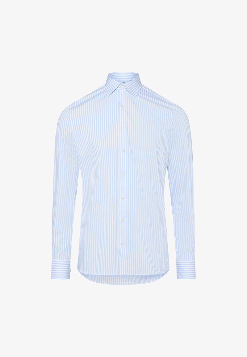 Camicia a maniche lunghe con bottoni di colore azzurro chiaro, decorata con strisce verticali bianche. Presenta un colletto classico e maniche con polsini arricchiti da dettagli a righe.